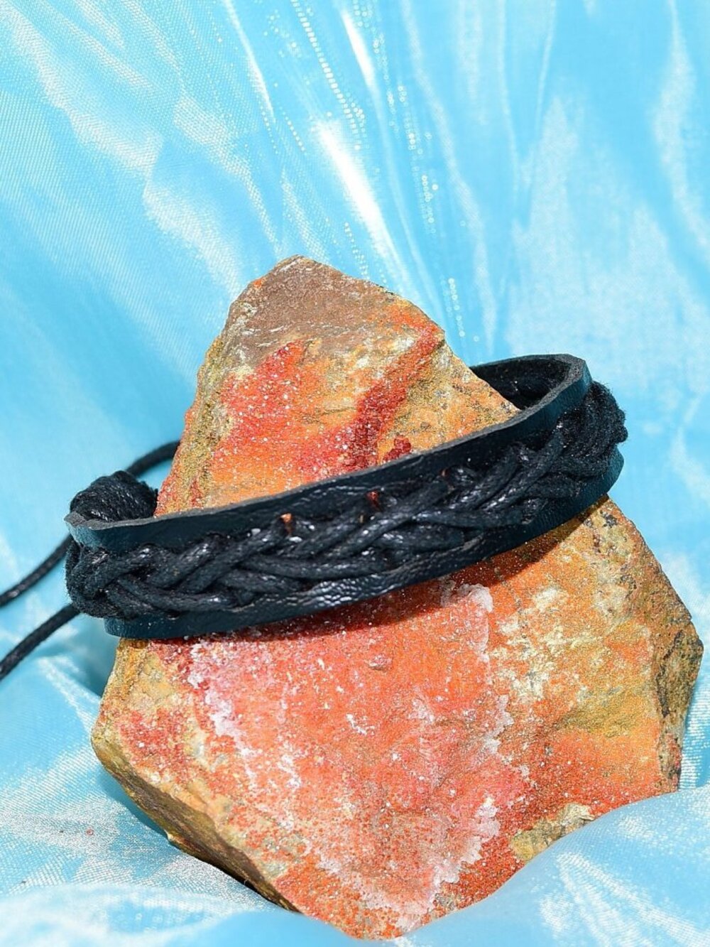 Caz Punch Cross Stitch Leather Bracelet Black on Black Mens Gift Boxed